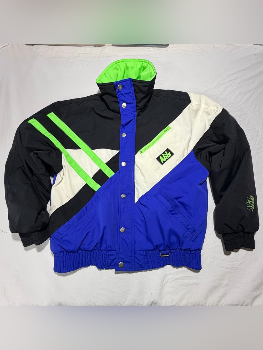 NILS Blue, Black, White & Neon Green Colorblock Ski/Snowboard Jacket